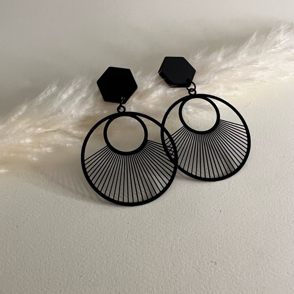 Black Art Deco Geometric Classic Dangle Earrings - Minimalist Statement Earrings - Picture 1 of 14
